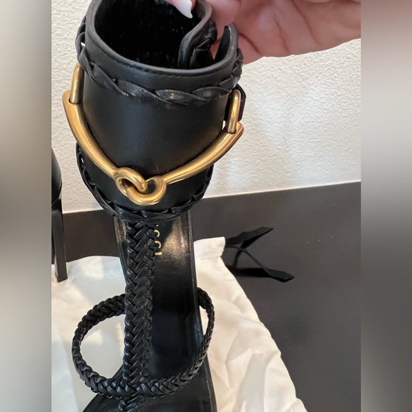 Gucci Black Leather & Gold Horse Bit Ankle Cuff Stiletto Heel Gladiator Sandal - Picture 6 of 15
